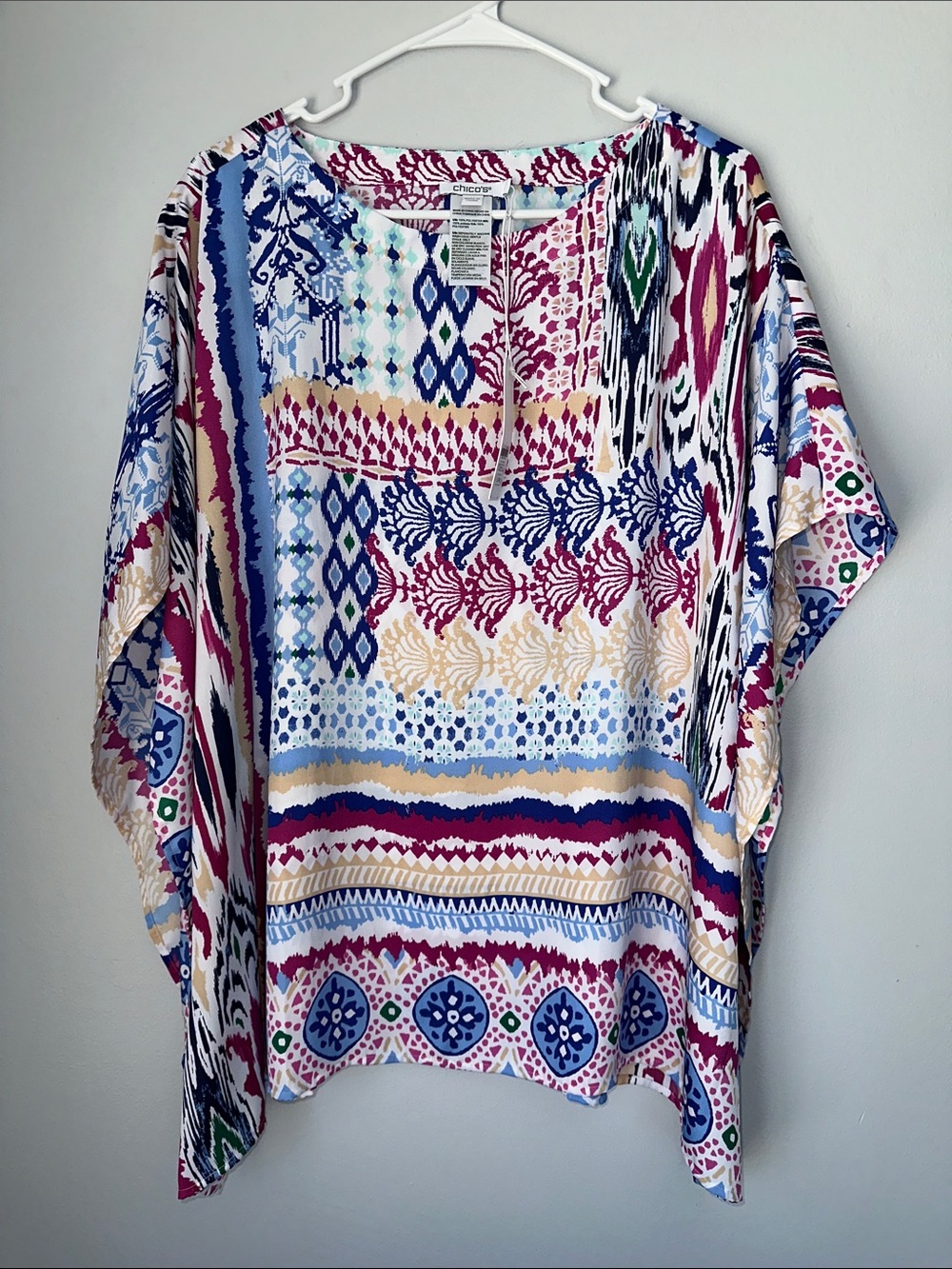 Chico's Blue, Pink and Cream Printed Dolman Tunic Blouse